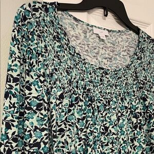 J. Jill Teal and Black Floral boatneck top with smocking at wrist and neckline